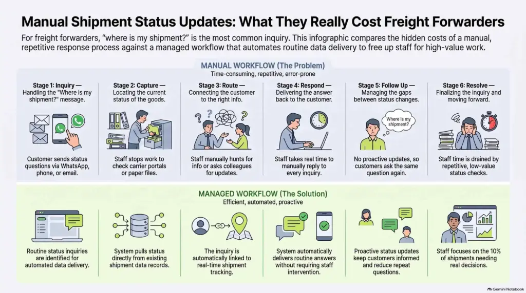 Workflow diagram comparing manual versus automated shipment status update handling, from inquiry through resolve, for freight forwarders