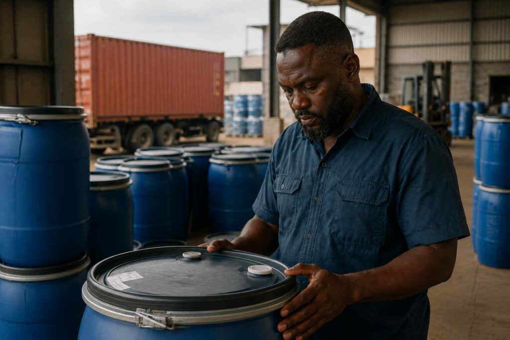 Freight forwarding worker checking barrel shipments bound for West Africa at a shipping warehouse