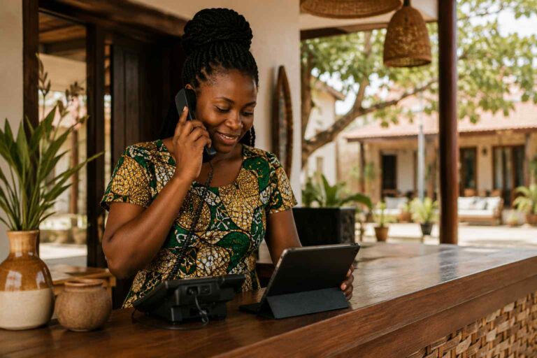 Hotel front-desk staff member responding to a guest inquiry at a West African hospitality property