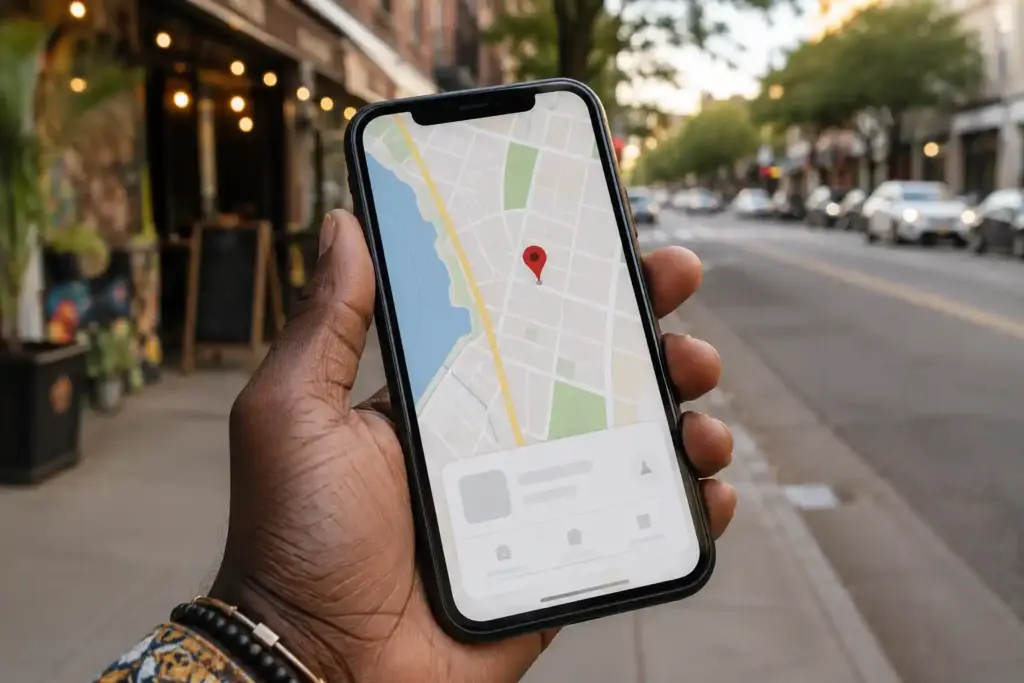 Person searching for a Liberian restaurant location on a phone map