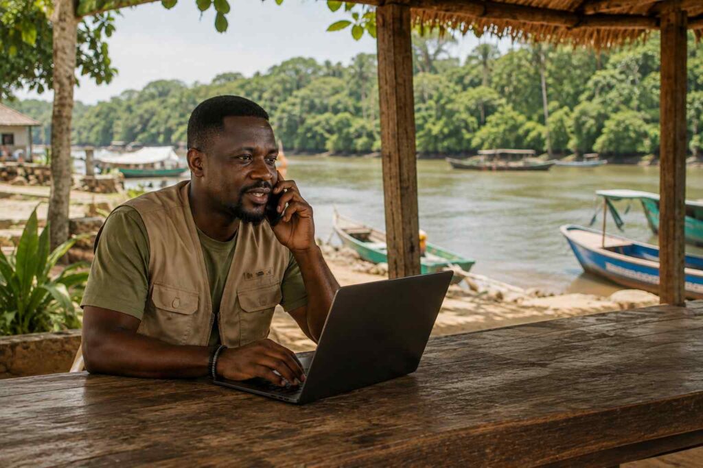Tour operator confirming booking details with a traveler by phone at a West African tourism site